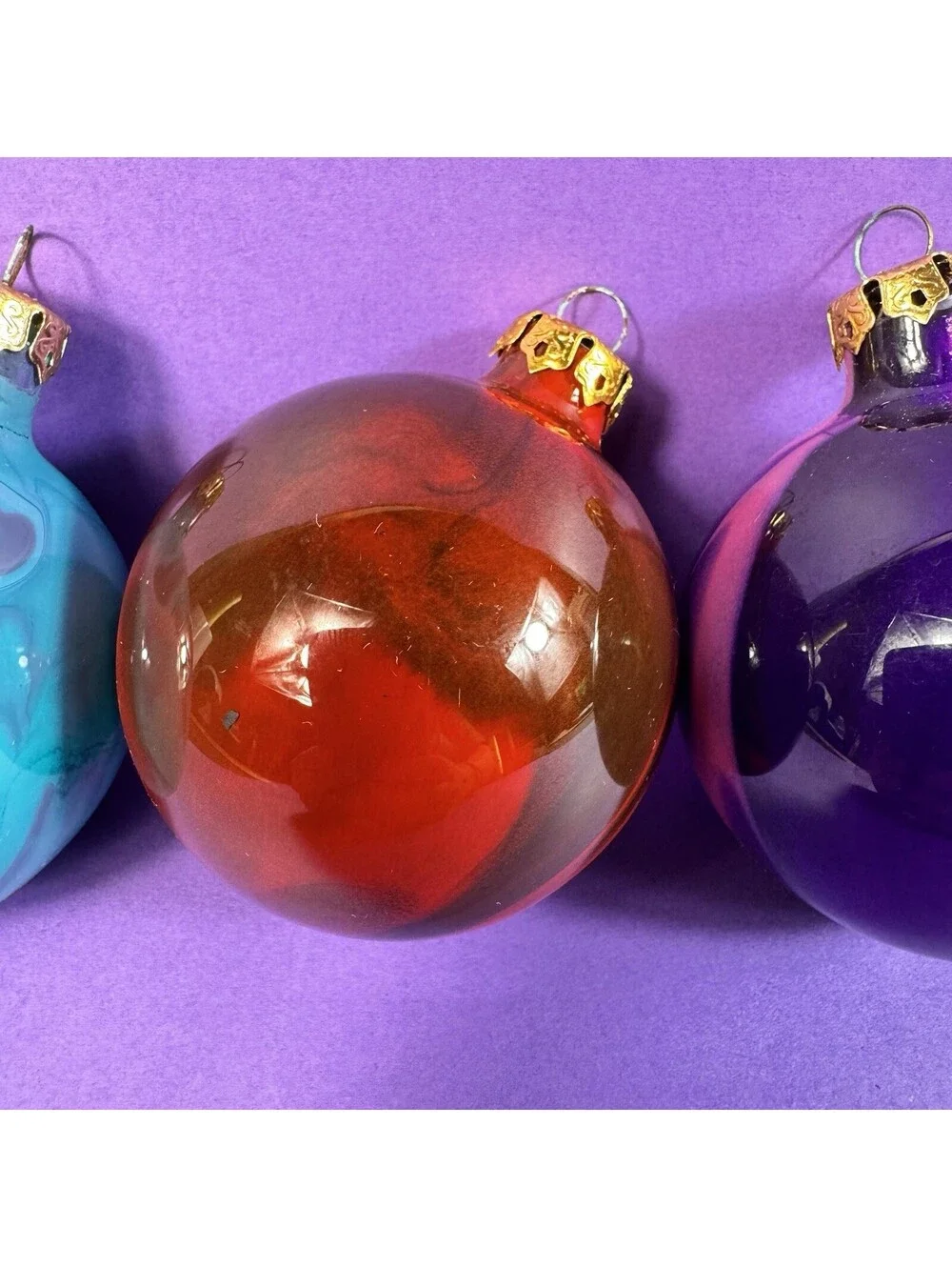 4 Glass Christmas Ornaments Swirl Marbled Red Blue Teal Handpainted 1990s Retro